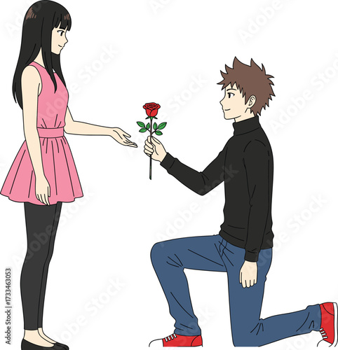 Cartoon romantic proposal scene, boy kneeling with rose, girl accepting flower, love gesture, couple illustration, cute character design, affection