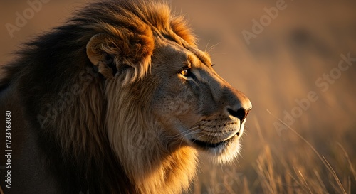 Majestic lion portrait in profile with golden mane in natural sunlight