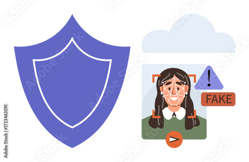 Shield for security alongside face recognition system detecting fake identity with warning sign. Ideal for cybersecurity, AI, privacy, online safety, fraud detection, data protection, and secure