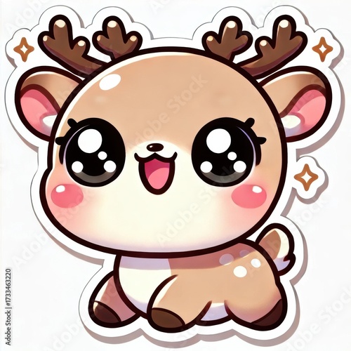 Cartoon reindeer character with antlers, sparkling eyes, and white spots on back sitting down. Vector illustration sticker with white border isolated on transparent background.