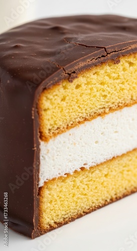 Close-up of a chocolate-covered sponge cake with a marshmallow filling, showing the layers and texture.