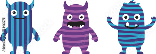 Three Striped Cute Cartoon Monsters Standing Together