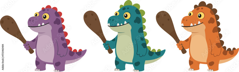 Obraz premium Cartoon Dinosaurs Holding Primitive Weapons
