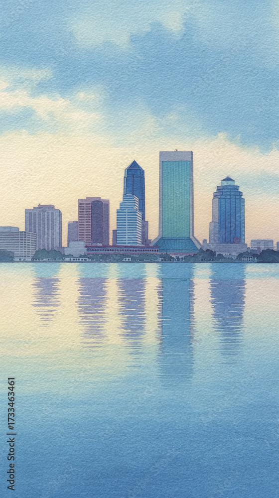 Fototapeta premium A Serene Watercolor Depiction of a City Skyline at Sunset Featuring Vibrant Reflections, Stunning Architecture, and Peaceful Waters for an Inspiring Urban Landscape Experience