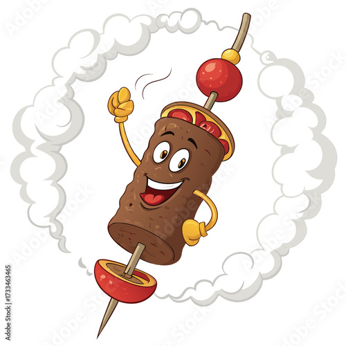 A cartoon doner kebab character dancing with smoke around it.