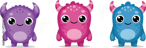 Three Cute Colorful Monsters with Big Eyes