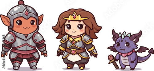 Chibi Fantasy Characters Knight Princess and Dragon