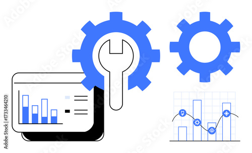 Bar charts, gears, wrench, and graph suggest system optimization, data analysis, and seamless functionality. Ideal for technology, business, analytics engineering problem-solving innovation