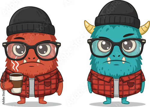 Two Hipster Monsters Wearing Beanies and Glasses