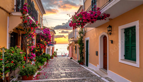 Fototapeta Naklejka Na Ścianę i Meble -  Colorful Mediterranean street with blooming flowers and sea view at sunset buildings bougainvillea