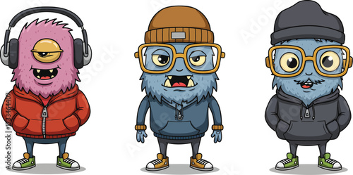 Three Cool Monster Characters Wearing Hoodies