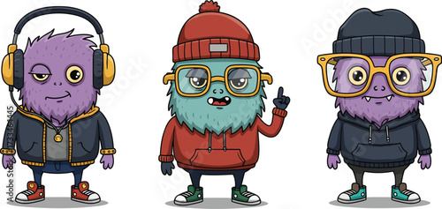 Three Cartoon Monsters Wearing Stylish Outfits