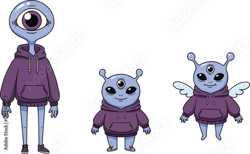Three Cartoon Aliens Wearing Hoodies Looking Friendly
