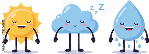 Cute Sun Cloud and Rain Drop Characters Sleeping