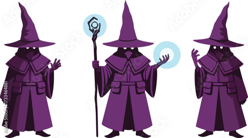 Three purple wizards casting magical spells together