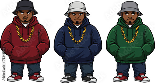 Three stylish men in hoodies and bucket hats