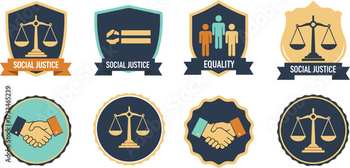Collection of vector illustrations representing justice, equality, and social concepts, with shields, scales, and handshake symbols.