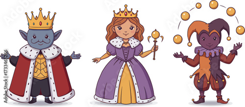 Cartoon King Queen and Jester Characters