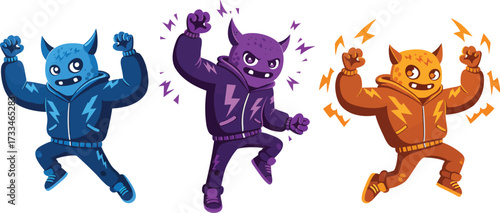 Three Energetic Cartoon Monsters With Lightning Bolt Outfits