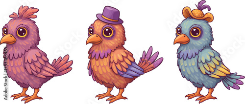 Cute Birds with Hats and Feathers