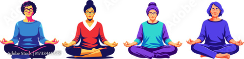 Four diverse women in colorful outfits sit gracefully in a lotus position, engaging in a peaceful meditation practice for wellness.