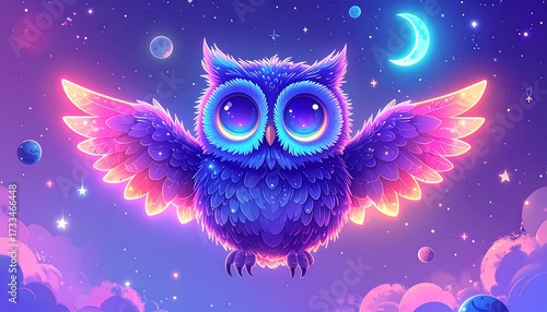 Animated owl with glowing features amidst a starry night sky illustration