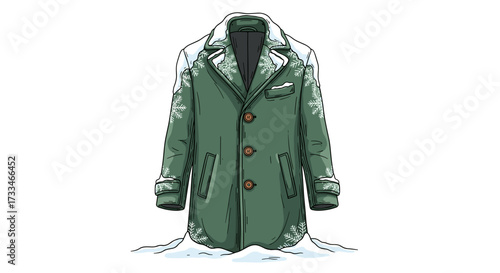 Green winter coat covered in snow on white background
