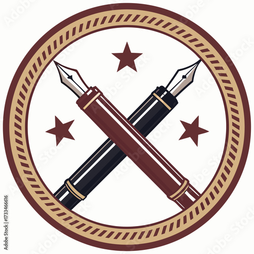 A circular emblem features two crossed fountain pens and three stars.