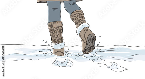 Person walking in winter boots through puddle on white background