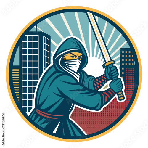 A stylized graphic of a ninja warrior holding a sword in a city setting.
