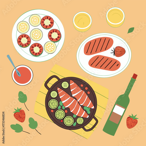 An Appealing Overhead Shot of Grilled Salmon and Meats Accompanying Fresh Salads Wine and Refreshing Drinks on a Table