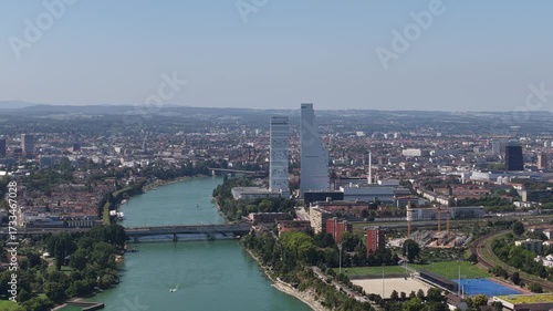 Wallpaper Mural City view of Basel, Switzerland, with Roche Towers, the Rhine River, and the city skyline, Torontodigital.ca
