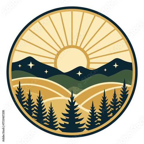 Round logo with stylized sun over mountains and trees. (59 chars).