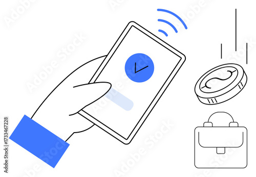 Hand holding smartphone with approval mark, wireless signal, falling coins, and wallet. Ideal for fintech, e-commerce, transactions, online banking, digital wallets payment systems simple flat