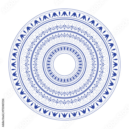 Vintage, ethnic vector frame with arabesques (EPS). Beautiful round frame arabesques. Blue white plate with floral design. Pattern frame for round surfaces, household utensils, textiles, embroidery
