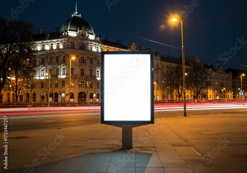 Luminous Blank Citylight Mockup Amidst Historic Architecture and Traffic Trails