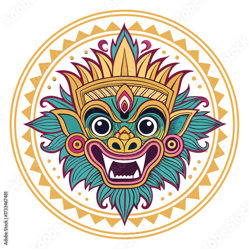A Balinese demon mask in a circular decorative frame.
