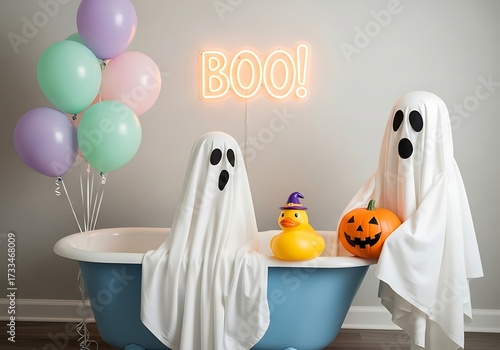 Halloween bathroom setup with ghosts rubber duck and balloons in pastel colors