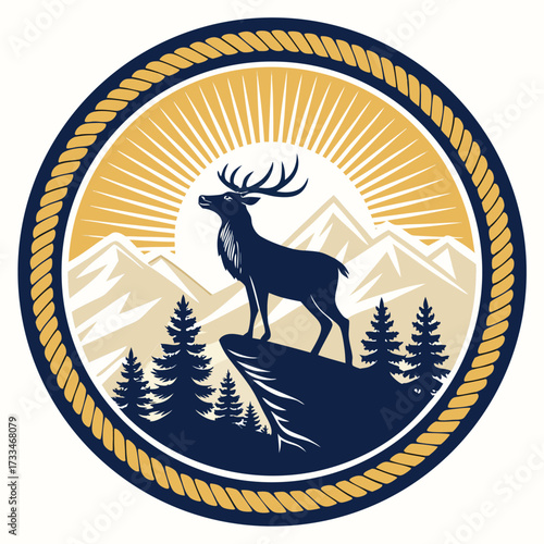 A stylized circular emblem features a majestic stag on a cliff overlooking a mountain vista.