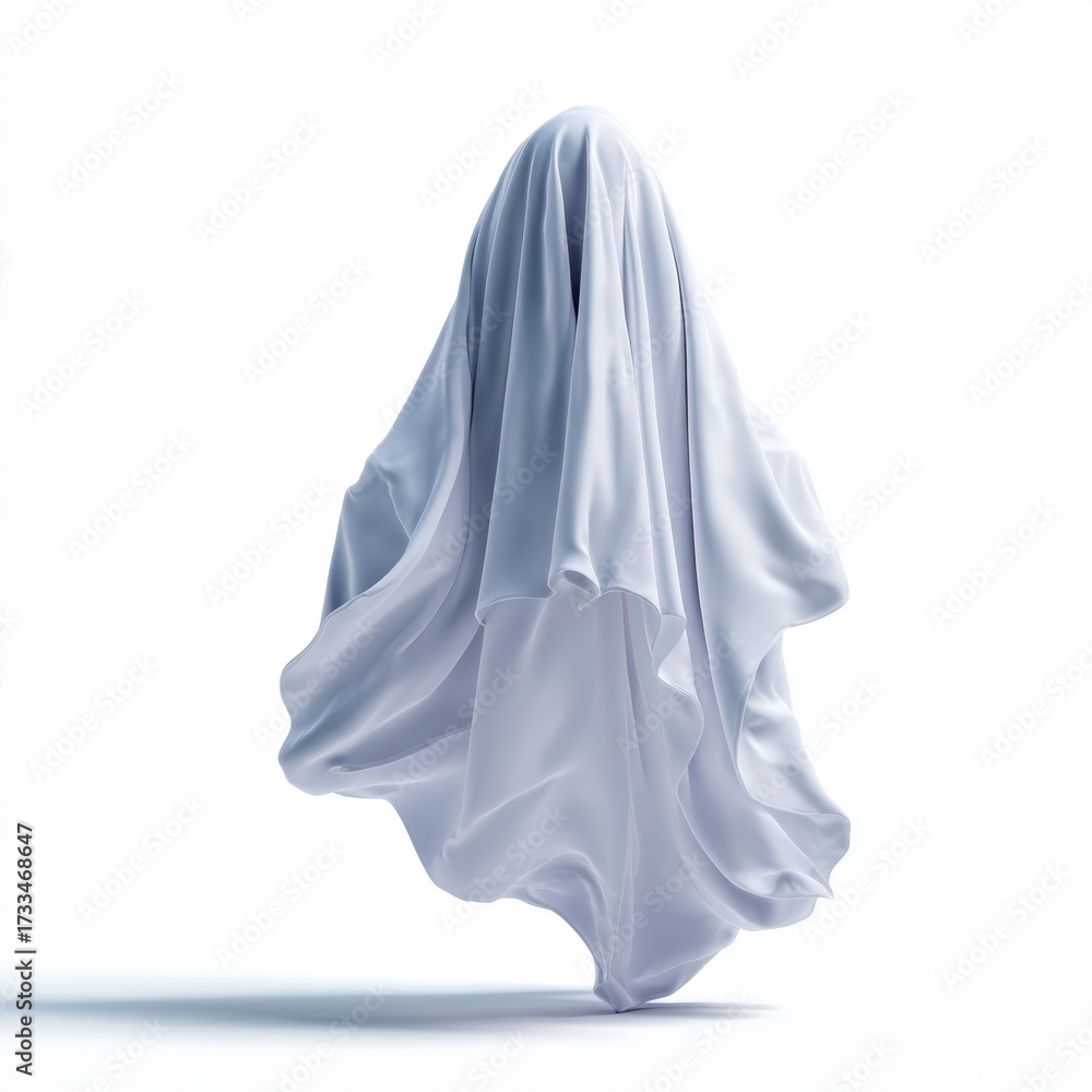 Naklejka premium A flowing white sheet draped over a figure creates a ghost like apparition against a plain white background