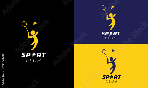 badminton brand logo design, shuttlecock logo design, yellow blue and black badminton brand logo, sport logo vector illustration, brand logo, badminton logo, badminton, ball, bat, silhouette, vector, 