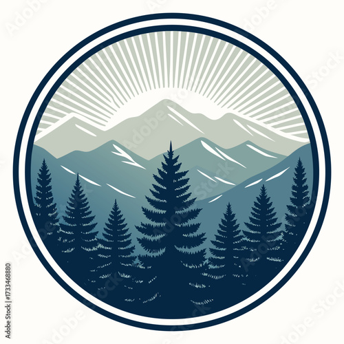 Circular illustration of a mountainous forest landscape with sun rays.