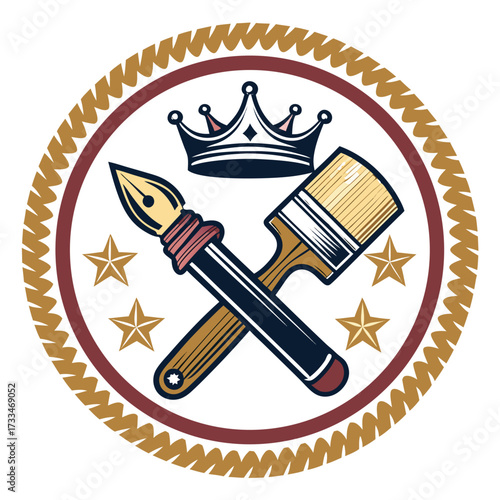 A royal emblem features a crown, paintbrush, and fountain pen.