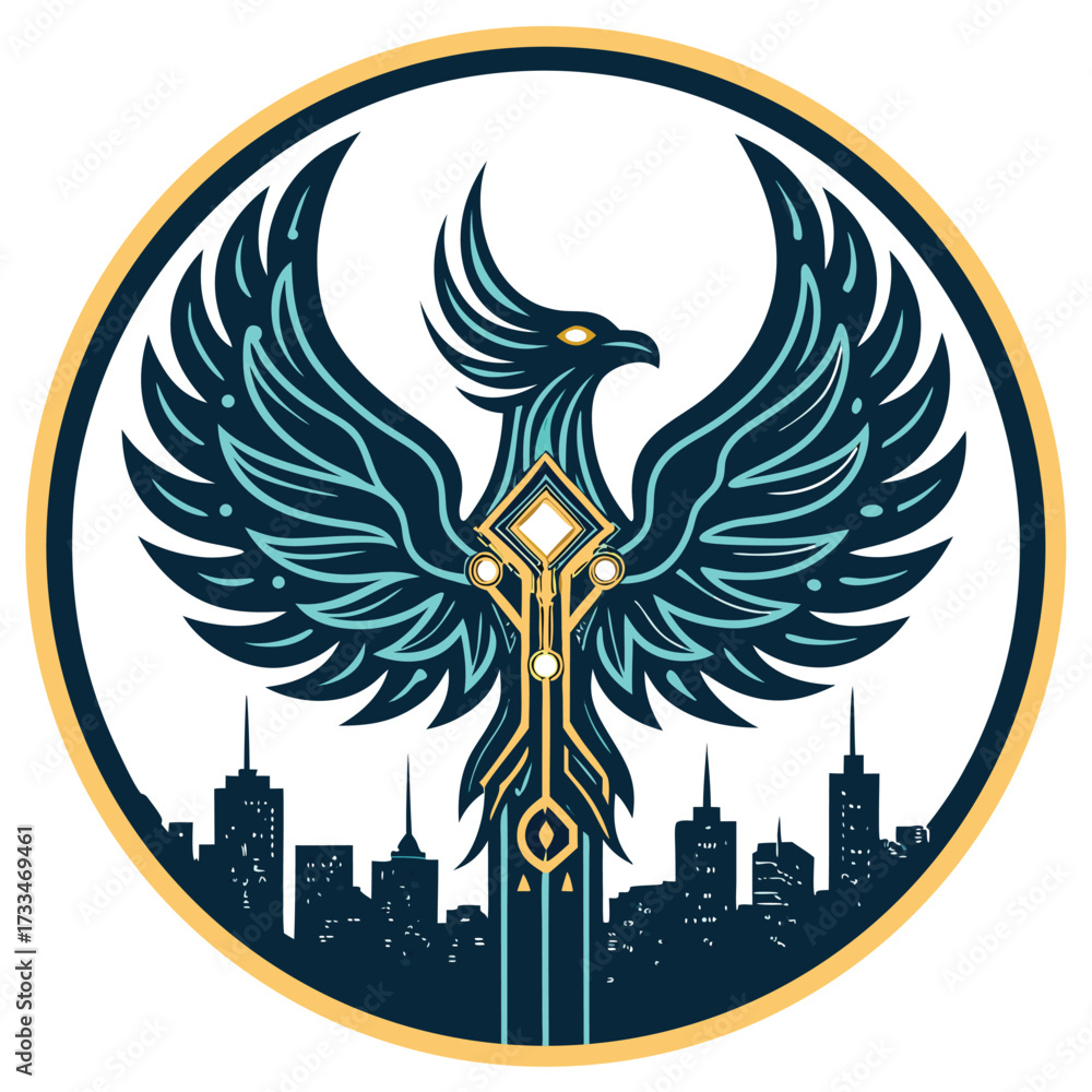 Obraz premium A stylized phoenix logo above a city skyline at night.