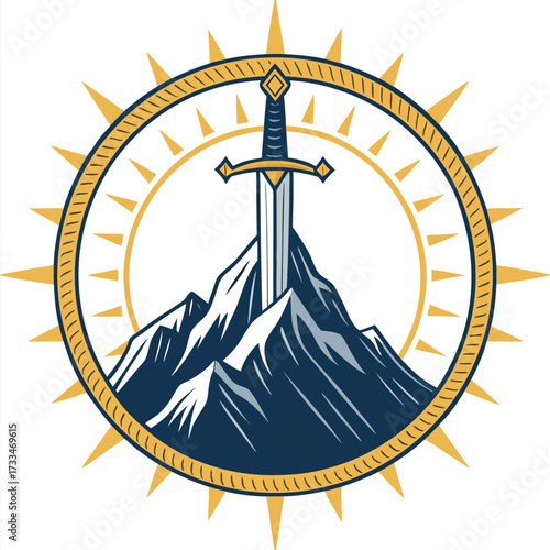 A sword pierces a mountain peak within a compass rose.