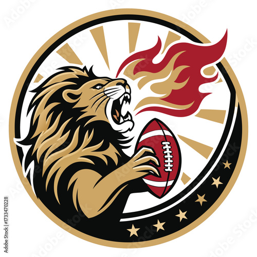A fierce lion emblem with a football and flames is depicted.