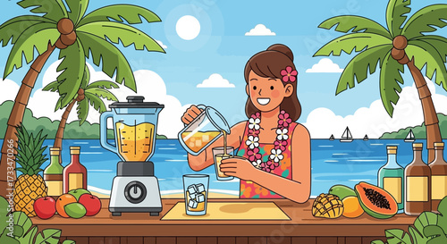 Tropical escape: Enjoying fresh juice in a vibrant island setting cartoon style