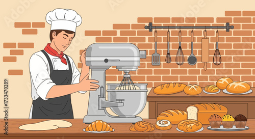 Baker preparing dough with a stand mixer in a charming bakery setting illustration