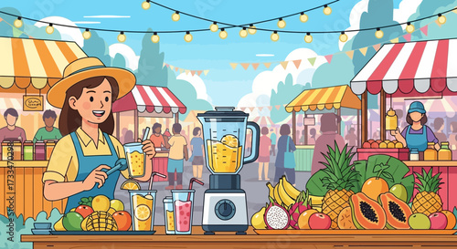 Vibrant Illustration of a Woman Selling Fresh Fruit Smoothies at an Outdoor Market