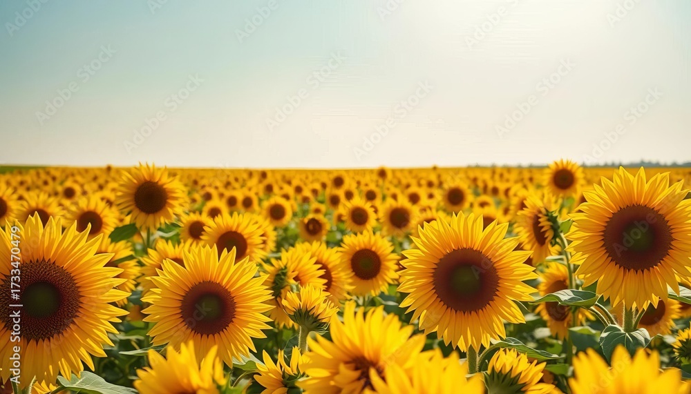 Fototapeta premium Vast field of sunflowers under a bright summer sky, vibrant yellow blossoms stretching to the horizon, stems, beauty